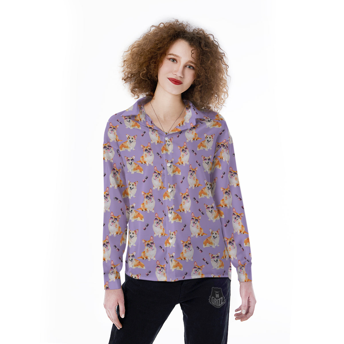 Corgi Watercolor Print Pattern Women's Long Sleeve Shirts-grizzshop
