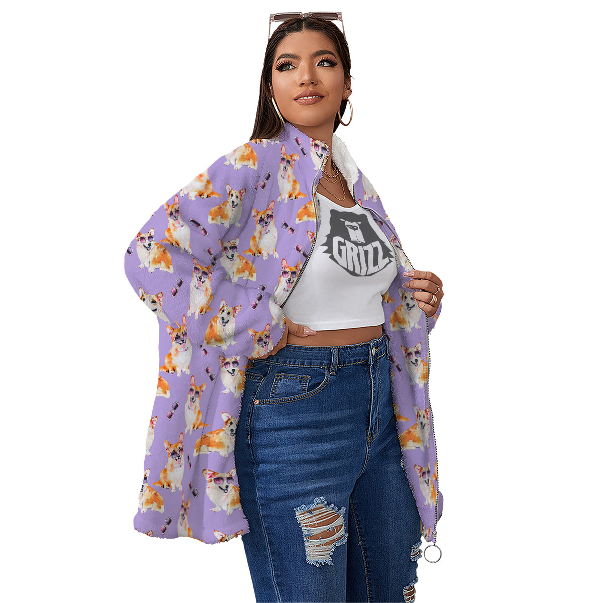 Corgi Watercolor Print Pattern Women's Sherpa Jacket-grizzshop