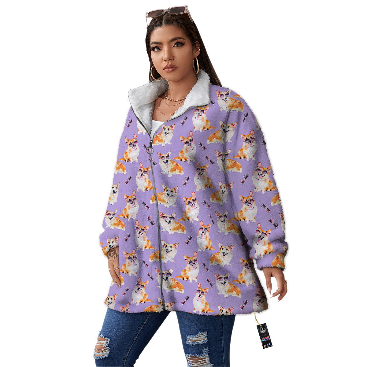 Corgi Watercolor Print Pattern Women's Sherpa Jacket-grizzshop