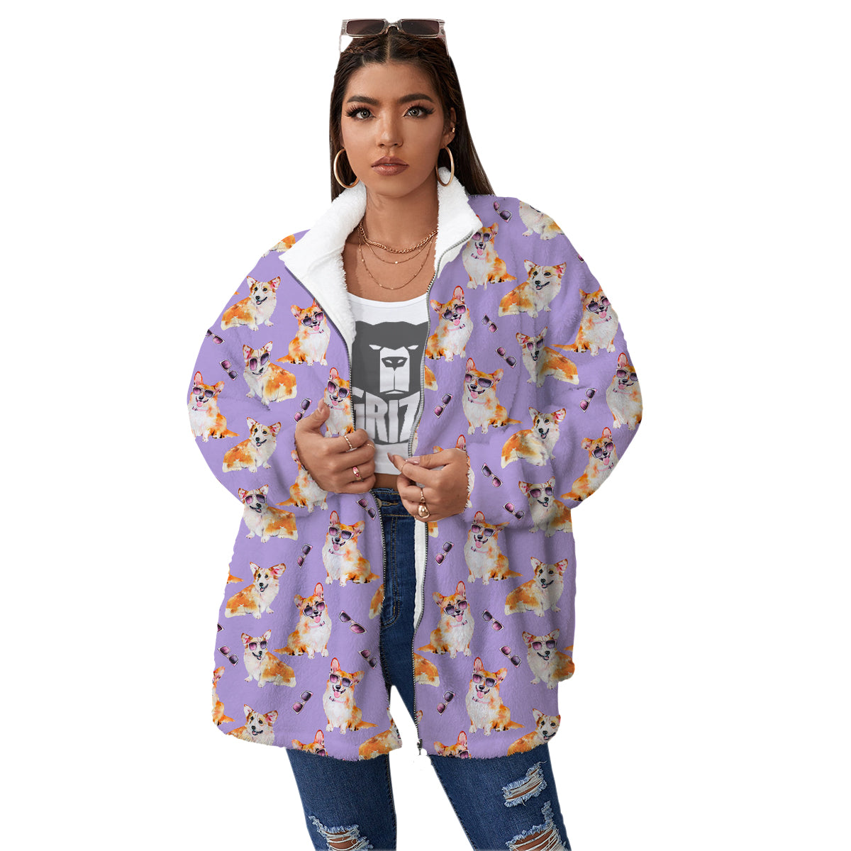 Corgi Watercolor Print Pattern Women's Sherpa Jacket-grizzshop