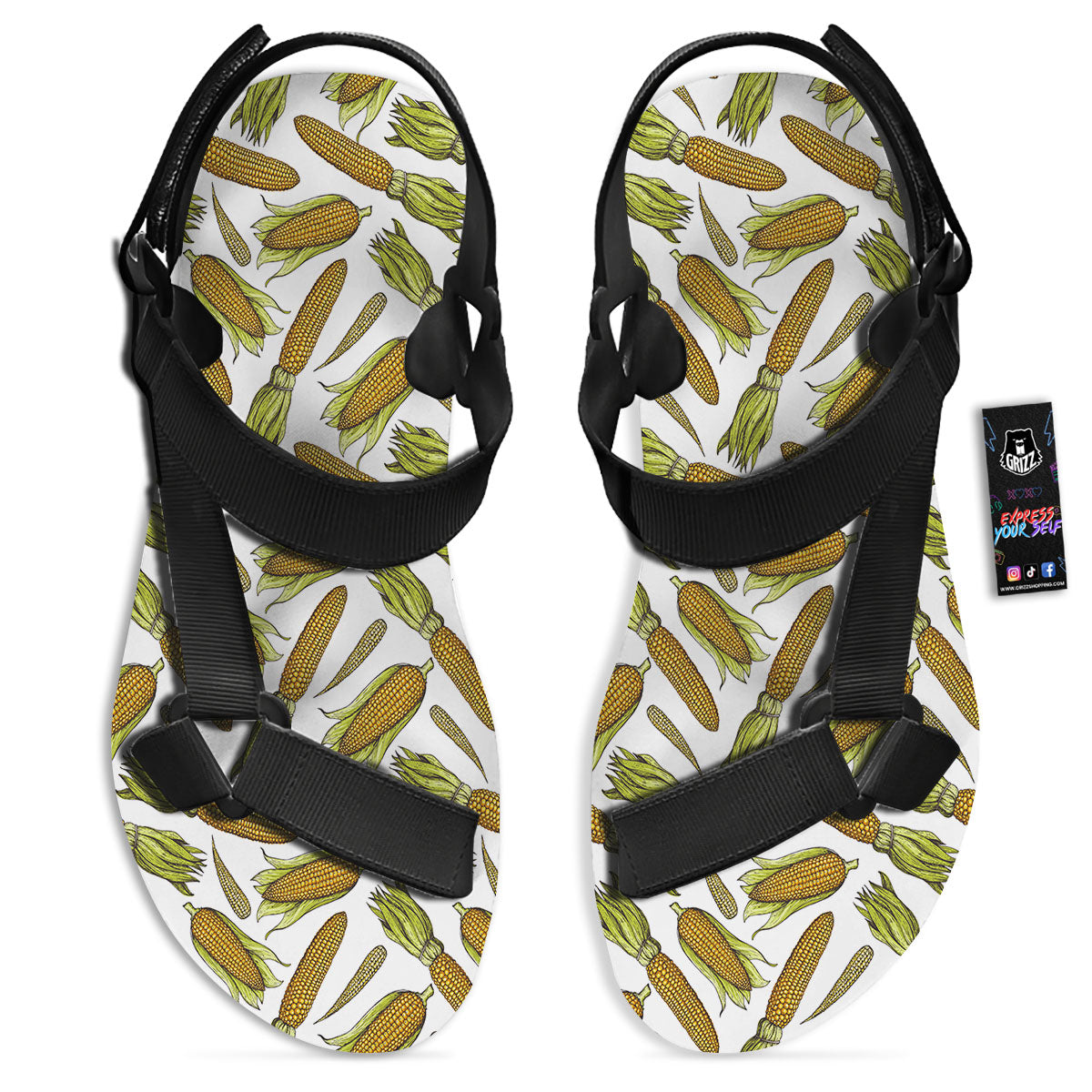 Corncob Hand-Drawn Print Pattern Black Open Toe Sandals-grizzshop