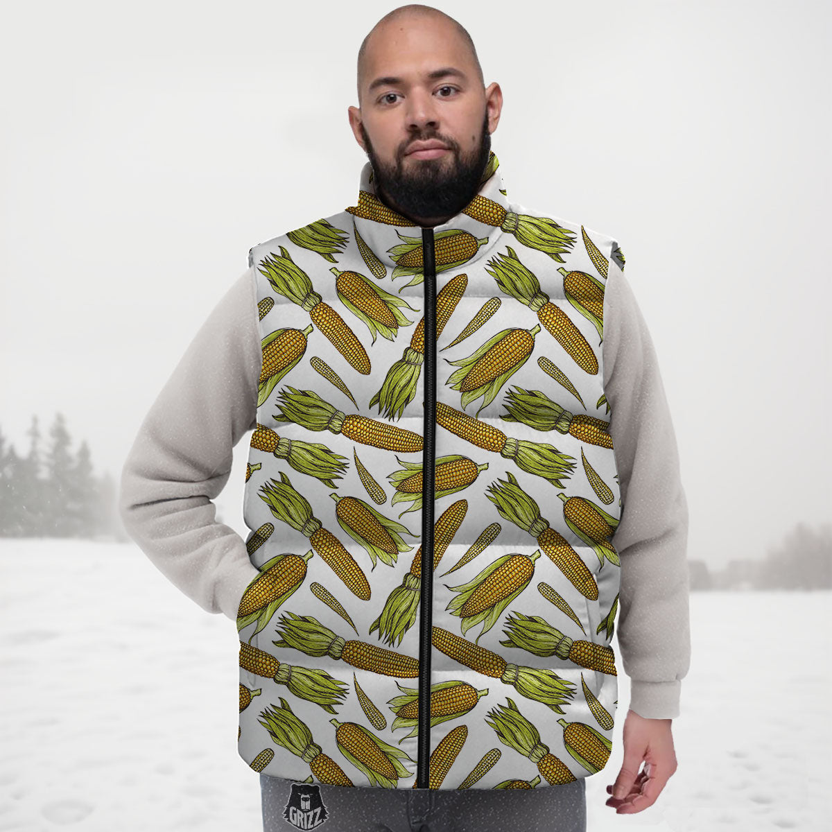 Corncob Hand-Drawn Print Pattern Down Vest-grizzshop