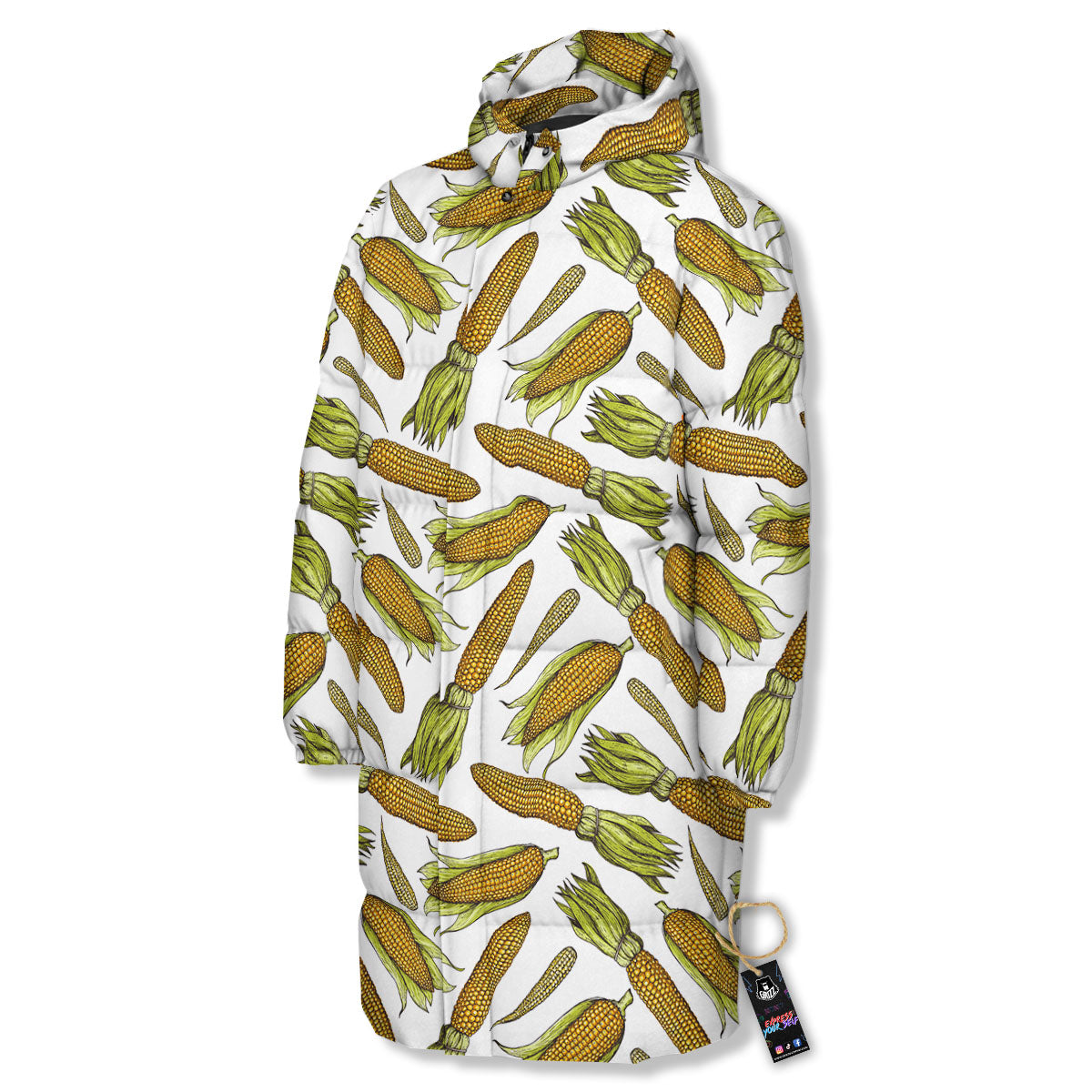 Corncob Hand-Drawn Print Pattern Long Down Jacket-grizzshop