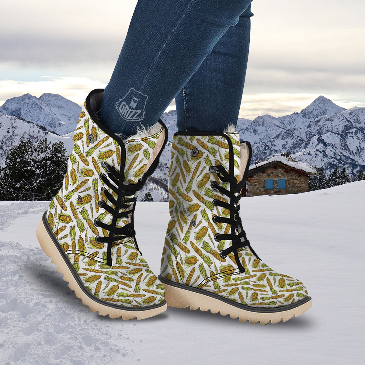 Corncob Hand-Drawn Print Pattern Snow Boots-grizzshop