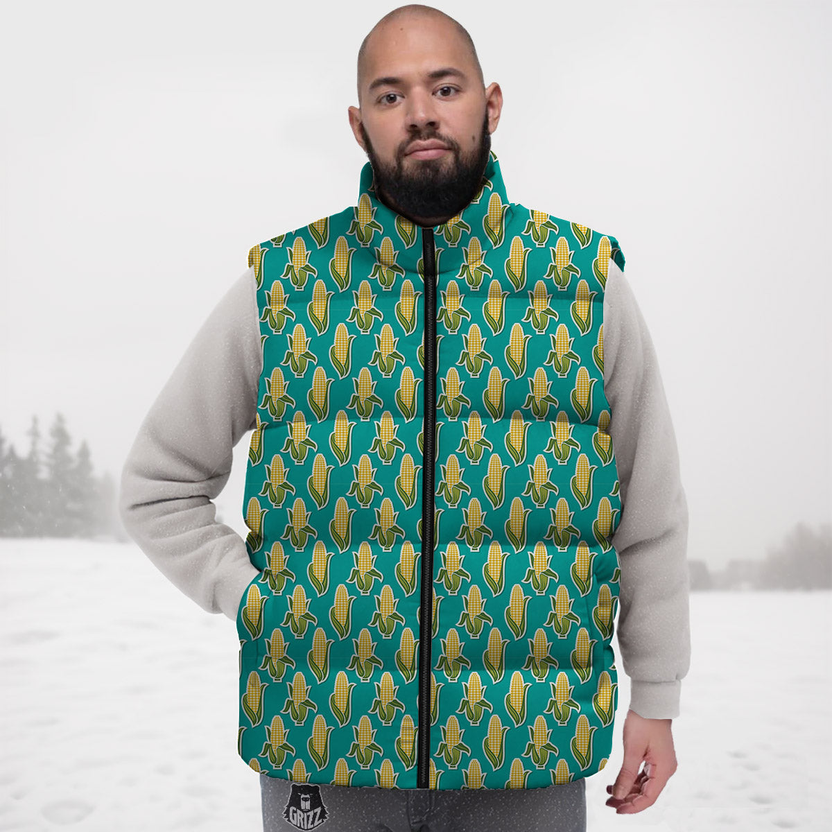 Corncob Print Pattern Down Vest-grizzshop