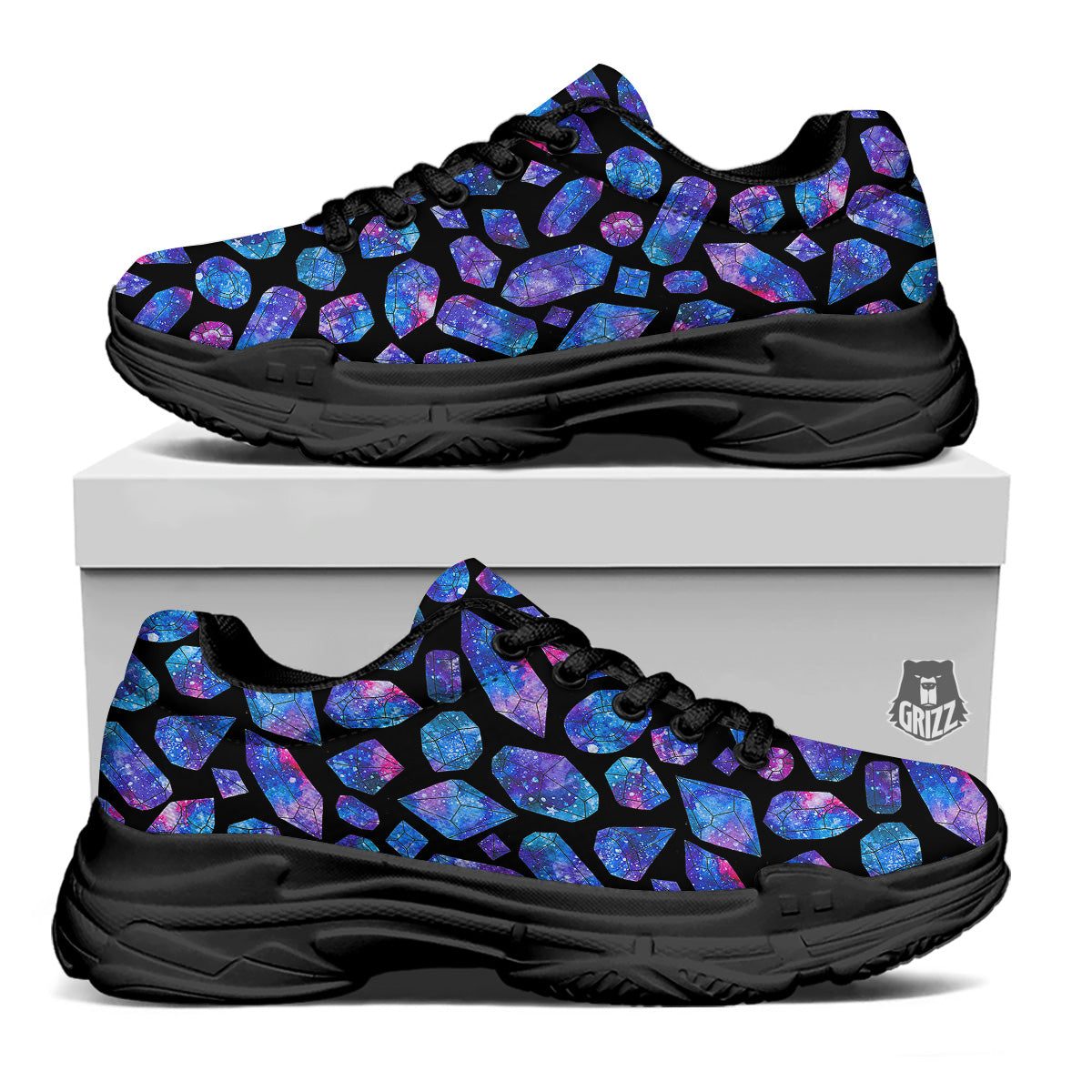 Cosmic Galaxy Space Blue Crystal Print Black Chunky Shoes-grizzshop