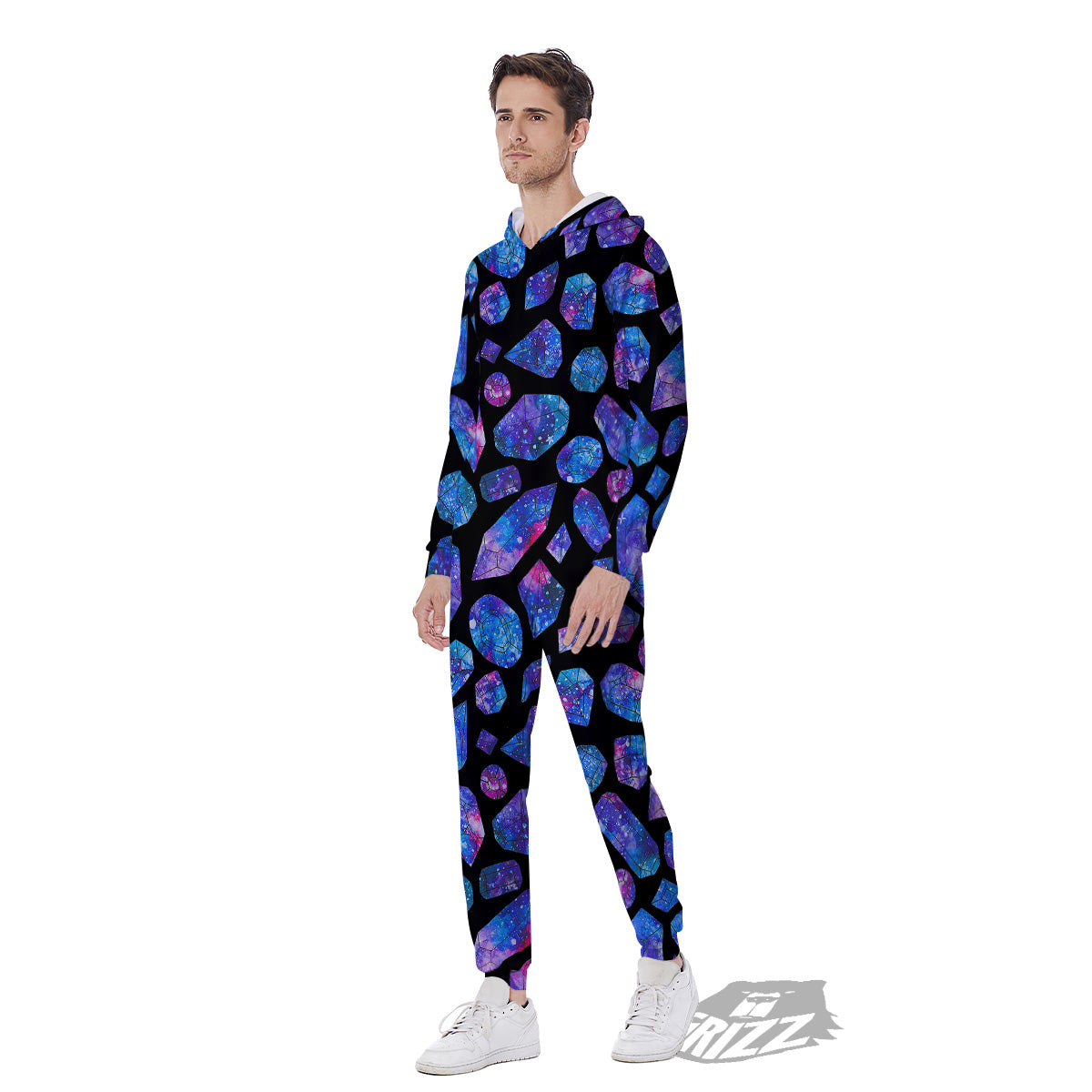 Cosmic Galaxy Space Blue Crystal Print Men's Jumpsuit-grizzshop