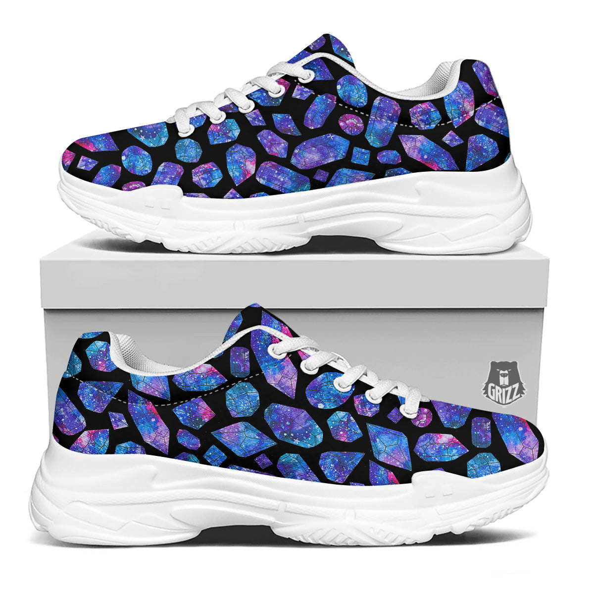 Cosmic Galaxy Space Blue Crystal Print White Chunky Shoes-grizzshop