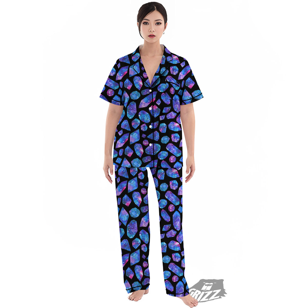 Cosmic Galaxy Space Blue Crystal Print Women's Pajamas Set-grizzshop