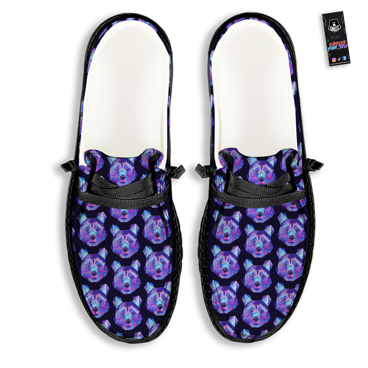 Cosmic Polygonal Bear Print Pattern Black Loafers-grizzshop