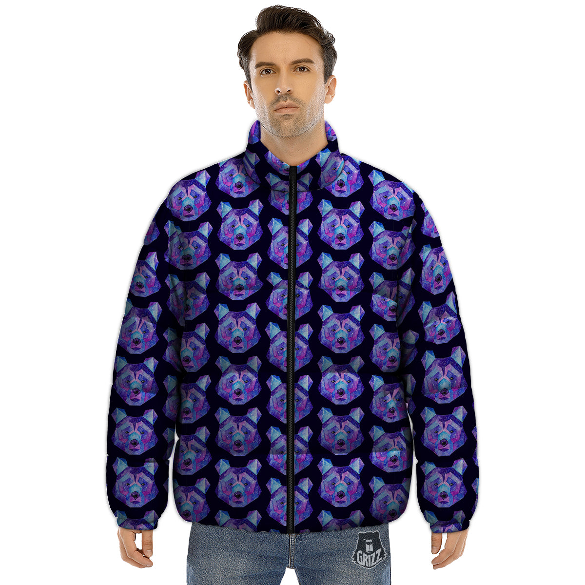 Cosmic Polygonal Bear Print Pattern Puffer Jacket-grizzshop