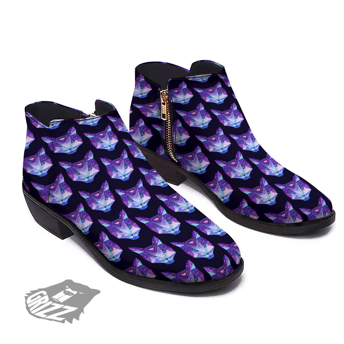 Cosmic Polygonal Cat Print Pattern Ankle Boots-grizzshop