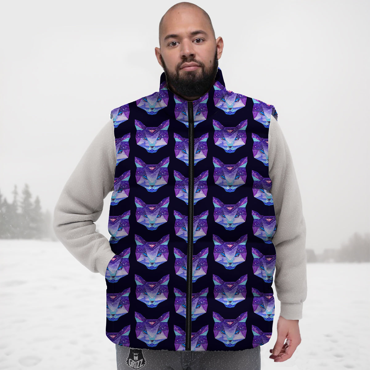 Cosmic Polygonal Cat Print Pattern Down Vest-grizzshop