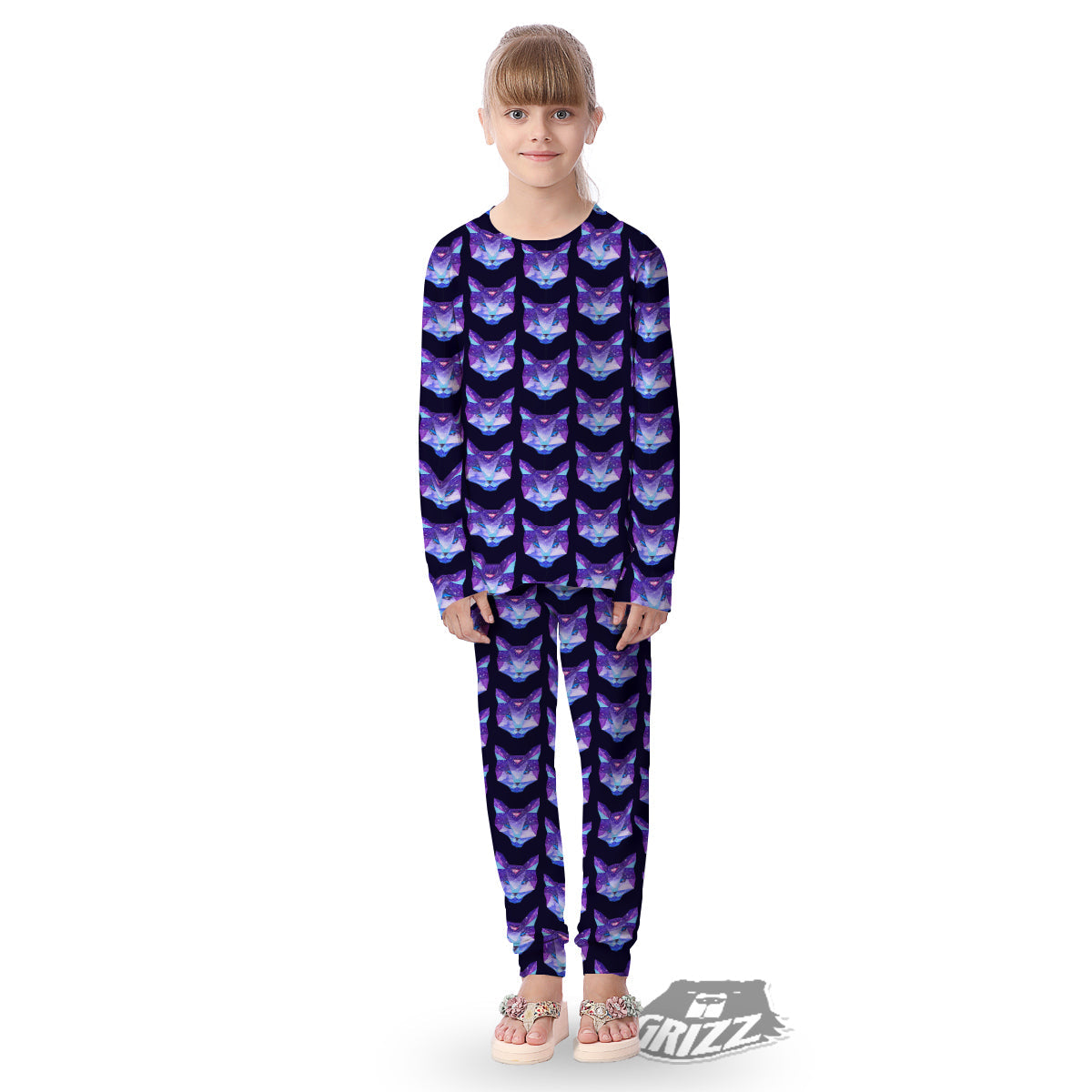 Cosmic Polygonal Cat Print Pattern Kid's Pajamas-grizzshop
