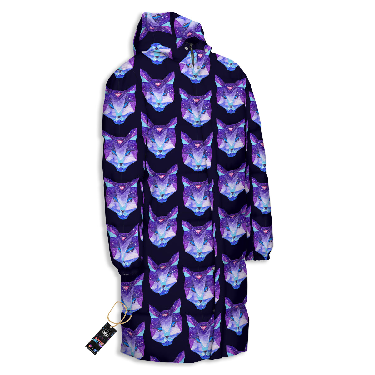 Cosmic Polygonal Cat Print Pattern Long Down Jacket-grizzshop