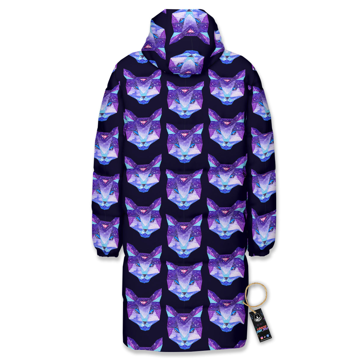 Cosmic Polygonal Cat Print Pattern Long Down Jacket-grizzshop