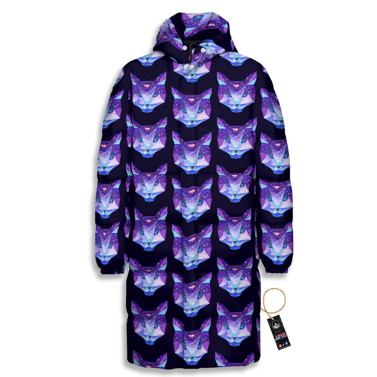 Cosmic Polygonal Cat Print Pattern Long Down Jacket-grizzshop