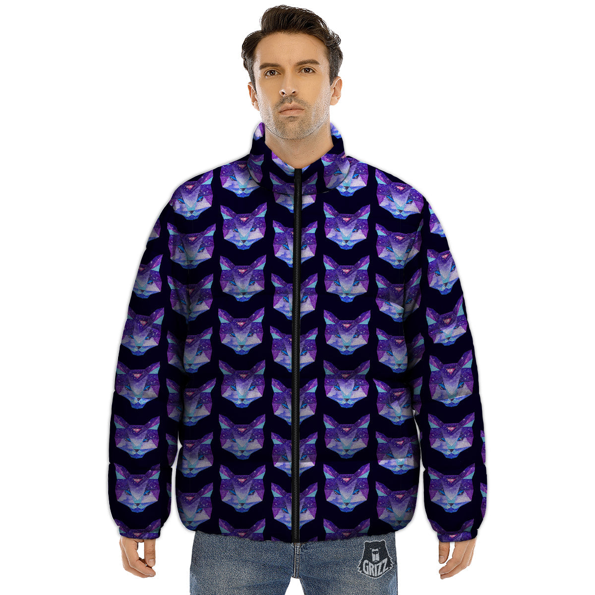 Cosmic Polygonal Cat Print Pattern Puffer Jacket-grizzshop