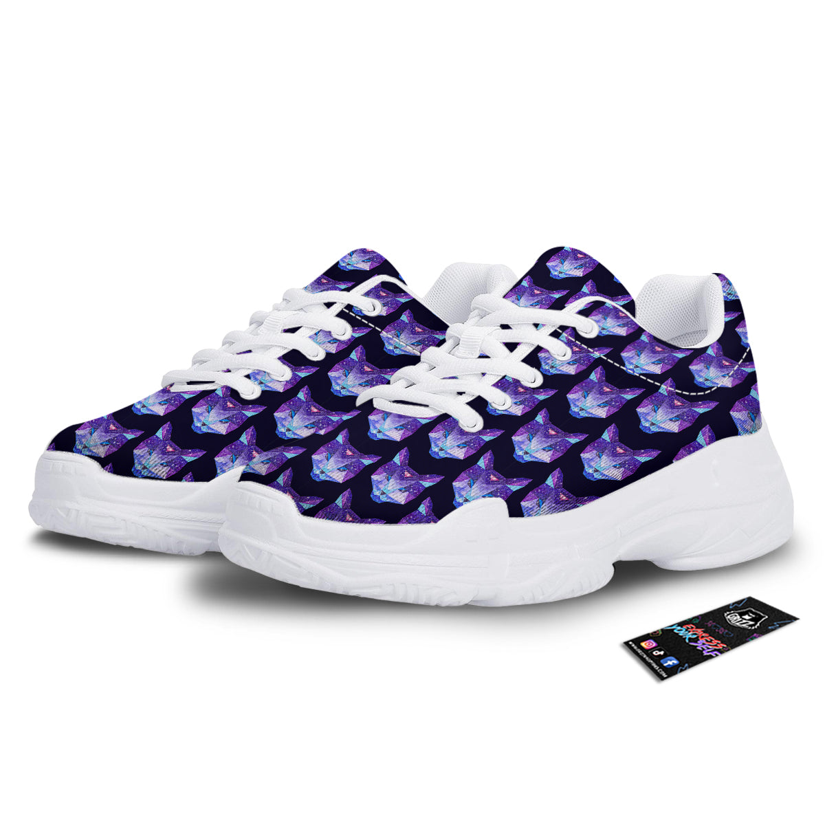 Cosmic Polygonal Cat Print Pattern White Chunky Shoes-grizzshop