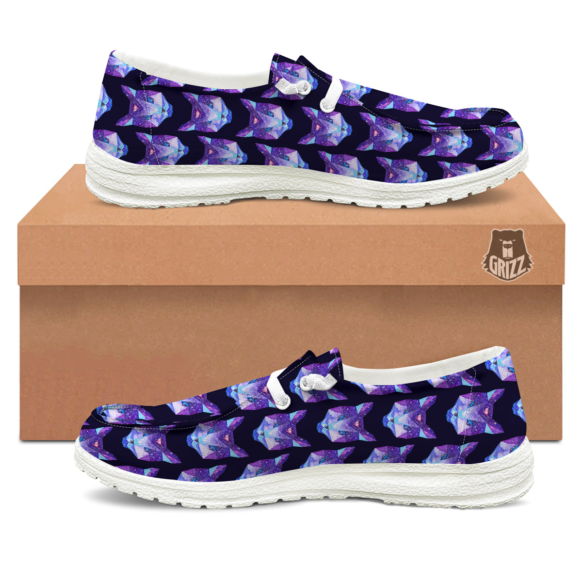 Cosmic Polygonal Cat Print Pattern White Loafers-grizzshop