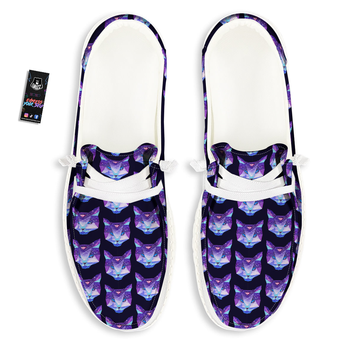 Cosmic Polygonal Cat Print Pattern White Loafers-grizzshop