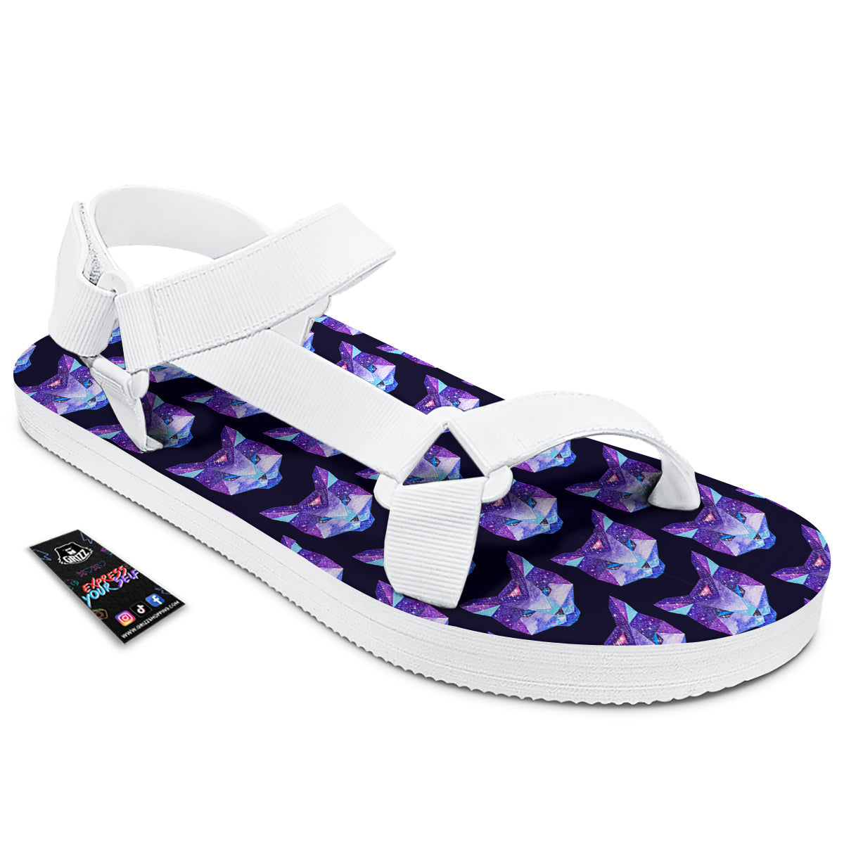 Cosmic Polygonal Cat Print Pattern White Open Toe Sandals-grizzshop