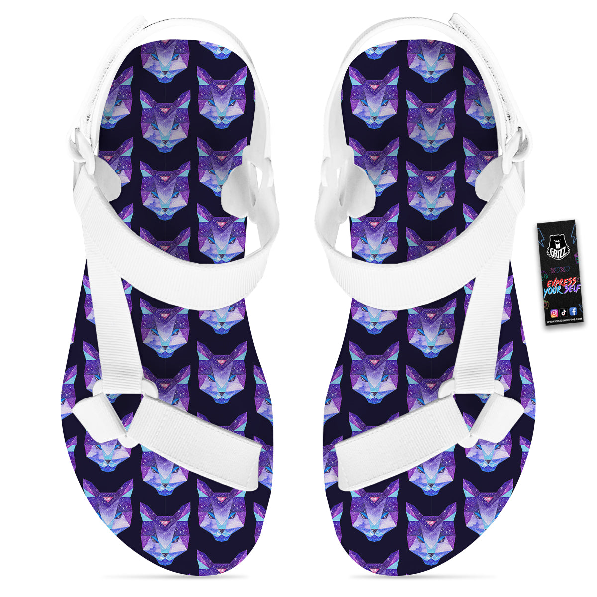 Cosmic Polygonal Cat Print Pattern White Open Toe Sandals-grizzshop