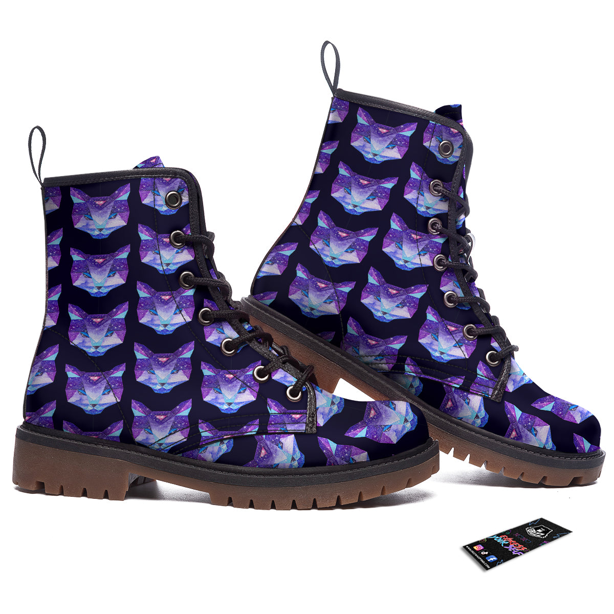 Cosmic Polygonal Cat Print Pattern Work Boots-grizzshop
