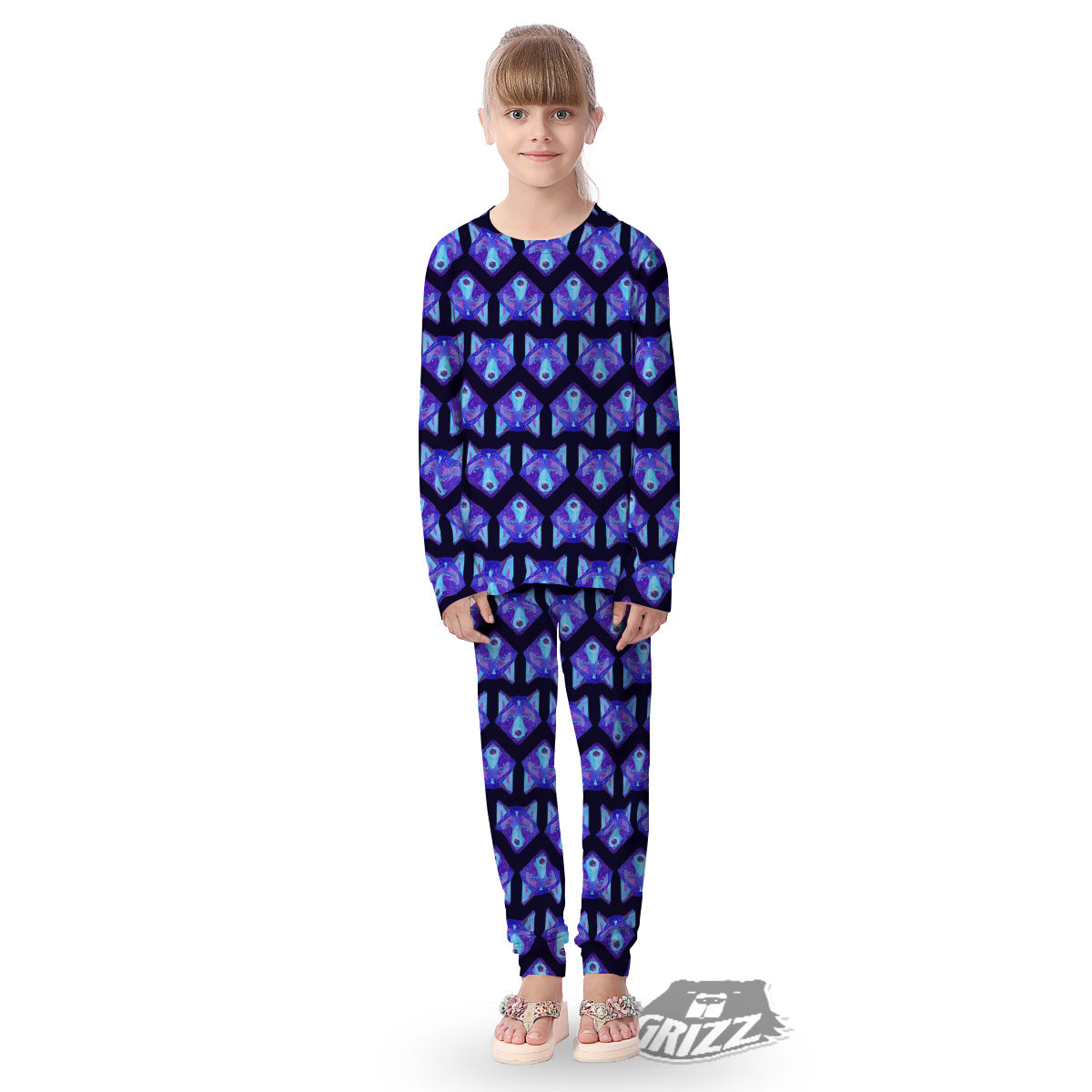 Cosmic Polygonal Wolf Print Pattern Kid's Pajamas-grizzshop