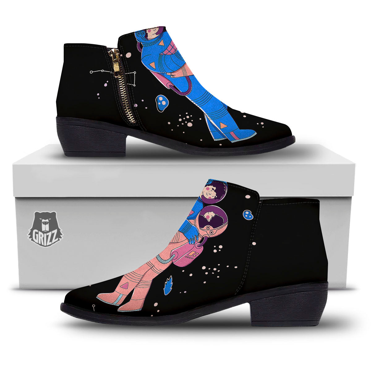 Couple Astronaut Travel In Space Print Ankle Boots-grizzshop