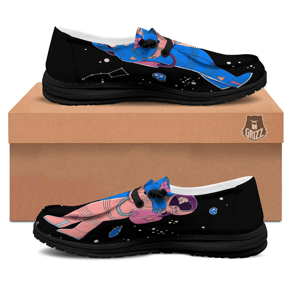 Couple Astronaut Travel In Space Print Black Loafers-grizzshop