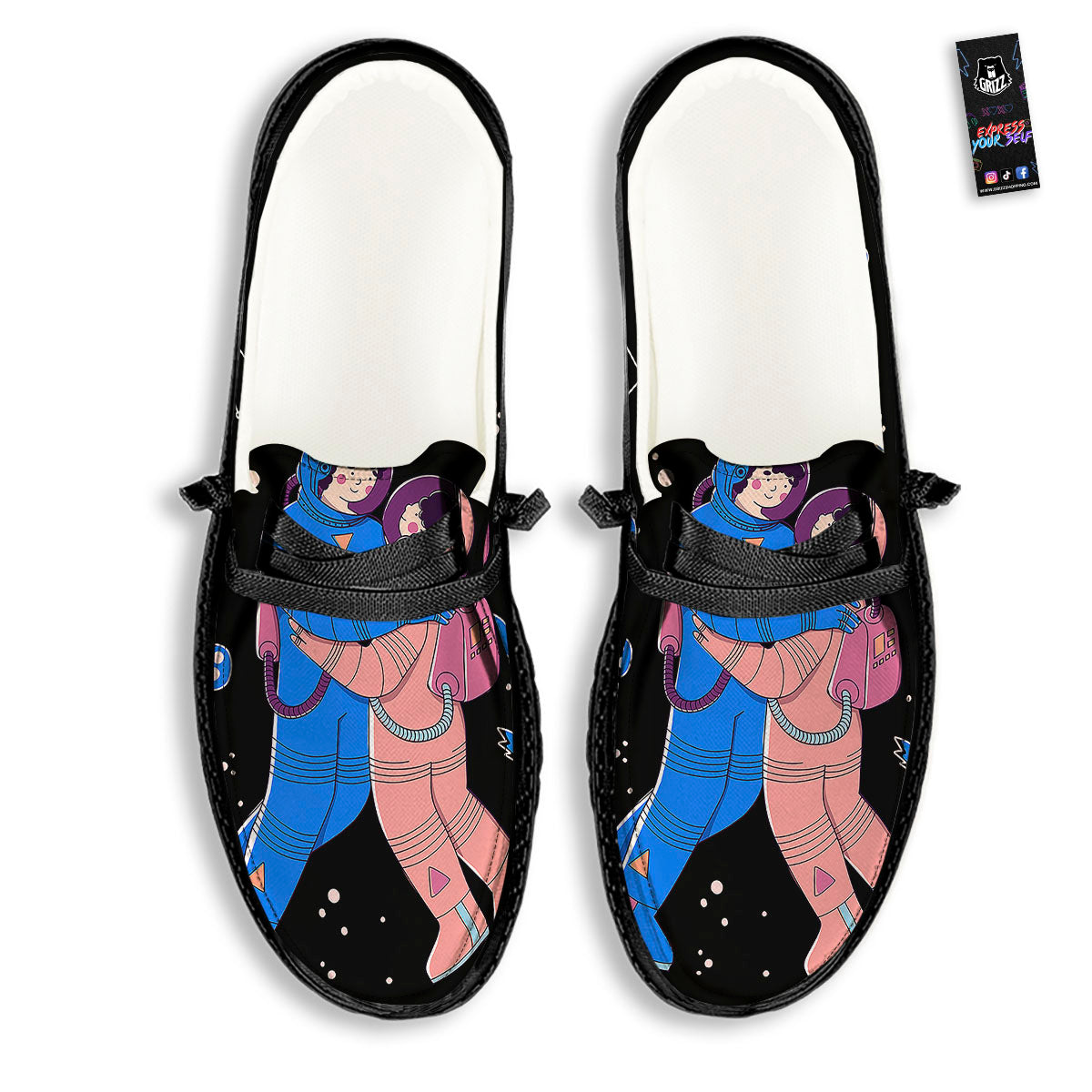 Couple Astronaut Travel In Space Print Black Loafers-grizzshop