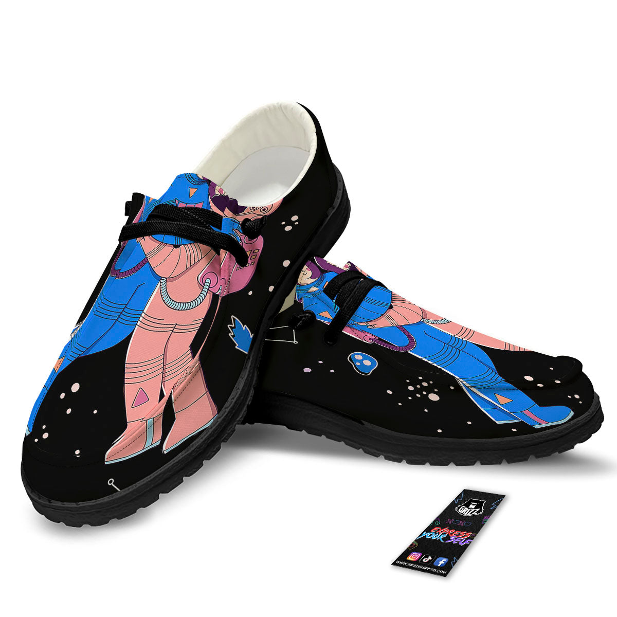 Couple Astronaut Travel In Space Print Black Loafers-grizzshop