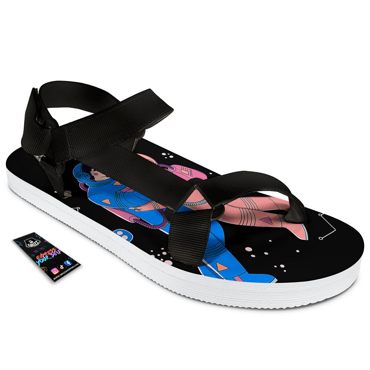 Couple Astronaut Travel In Space Print Black Open Toe Sandals-grizzshop