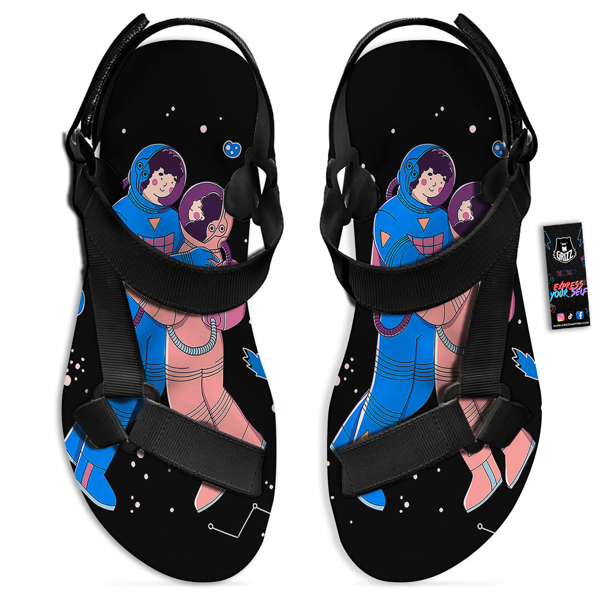 Couple Astronaut Travel In Space Print Black Open Toe Sandals-grizzshop