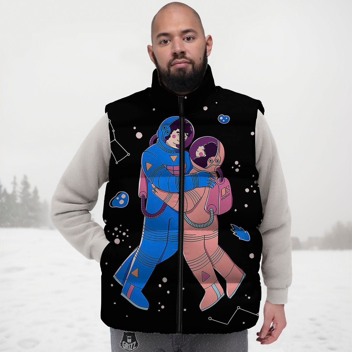 Couple Astronaut Travel In Space Print Down Vest