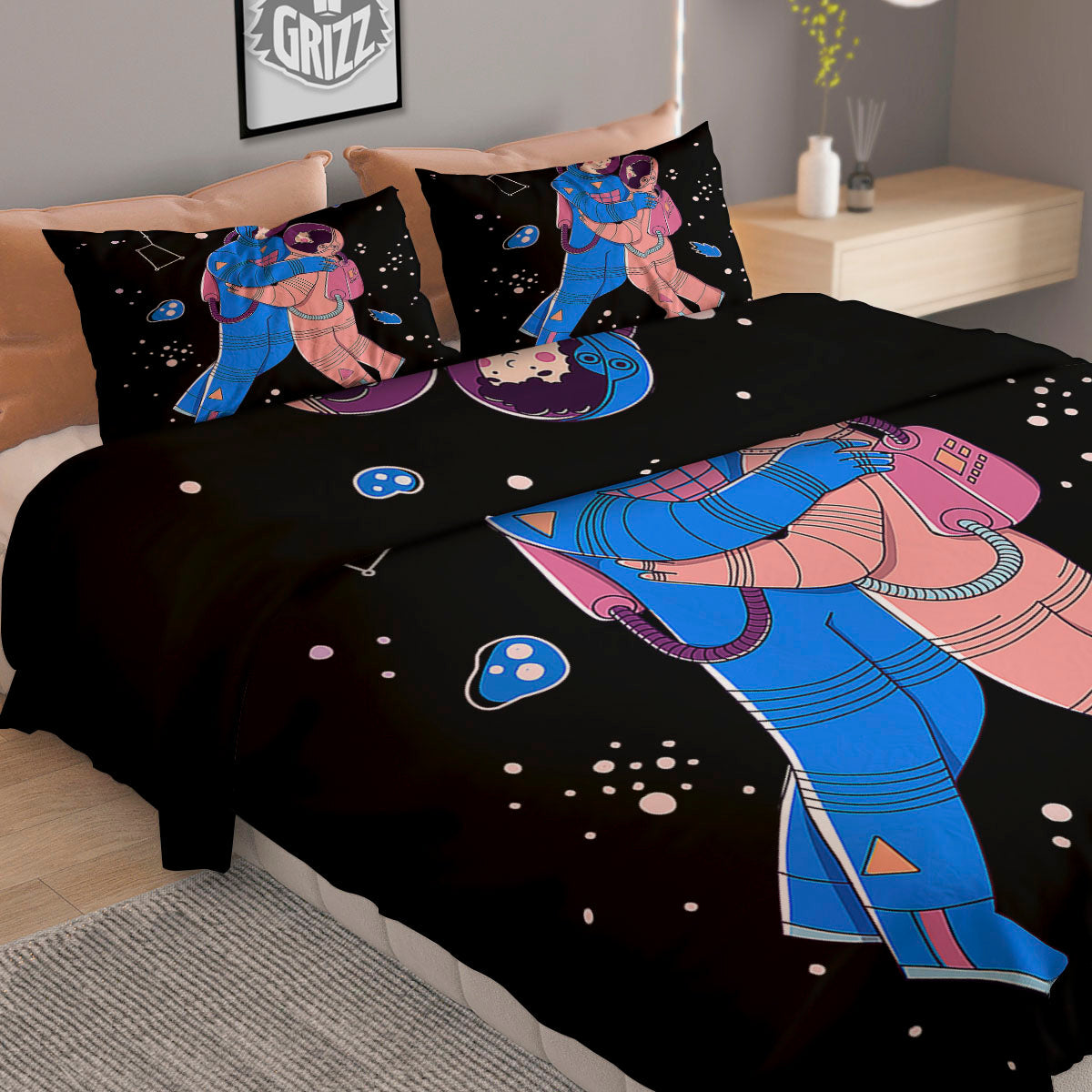 Couple Astronaut Travel In Space Print Duvet Cover Bedding Set