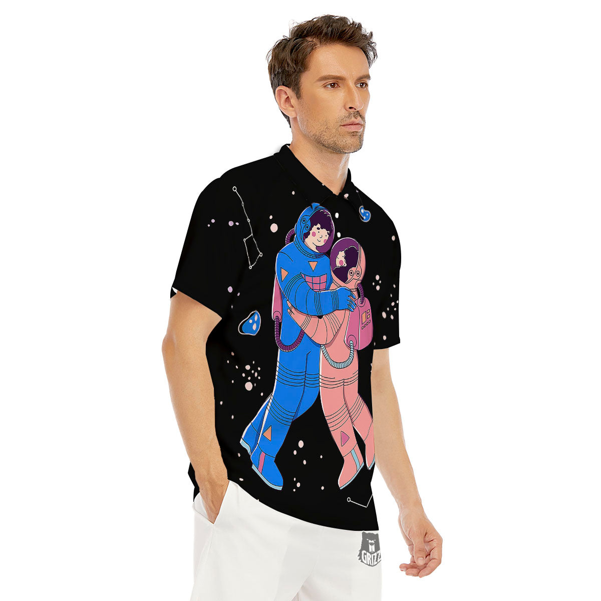 Couple Astronaut Travel In Space Print Men's Golf Shirts-grizzshop
