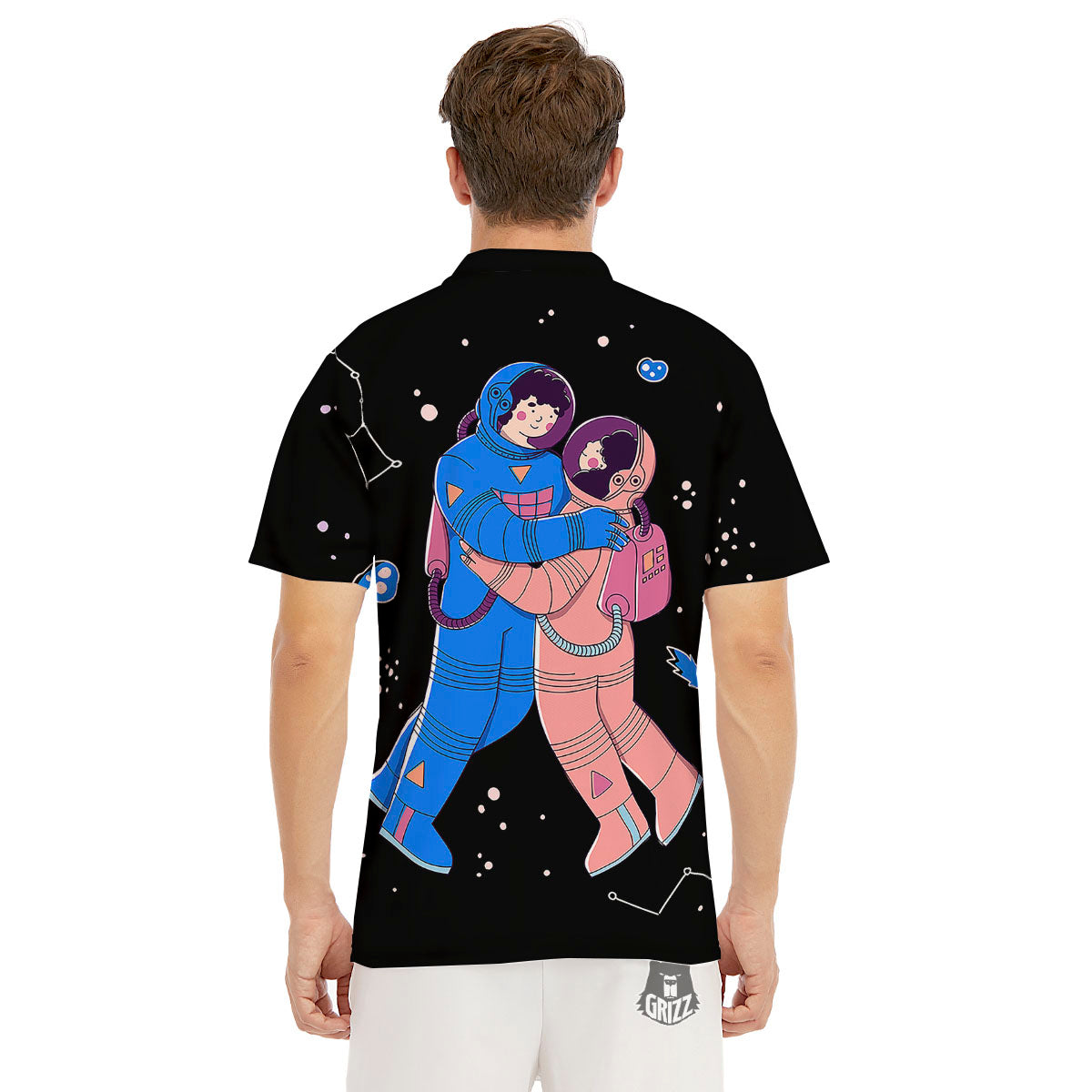 Couple Astronaut Travel In Space Print Men's Golf Shirts-grizzshop