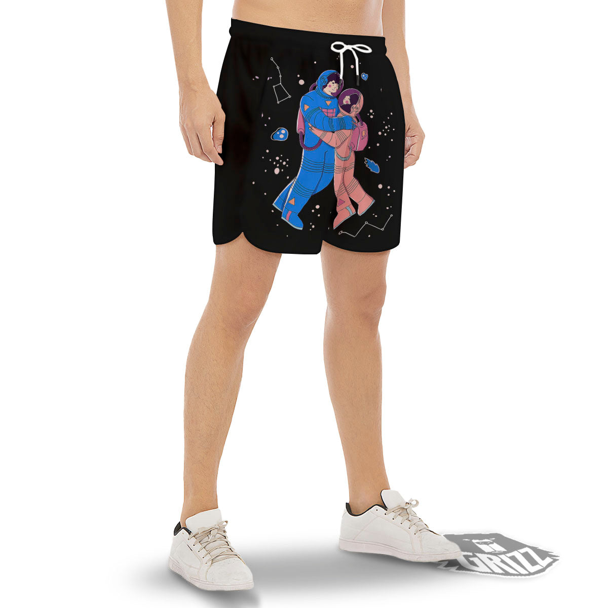 Couple Astronaut Travel In Space Print Men's Gym Shorts-grizzshop