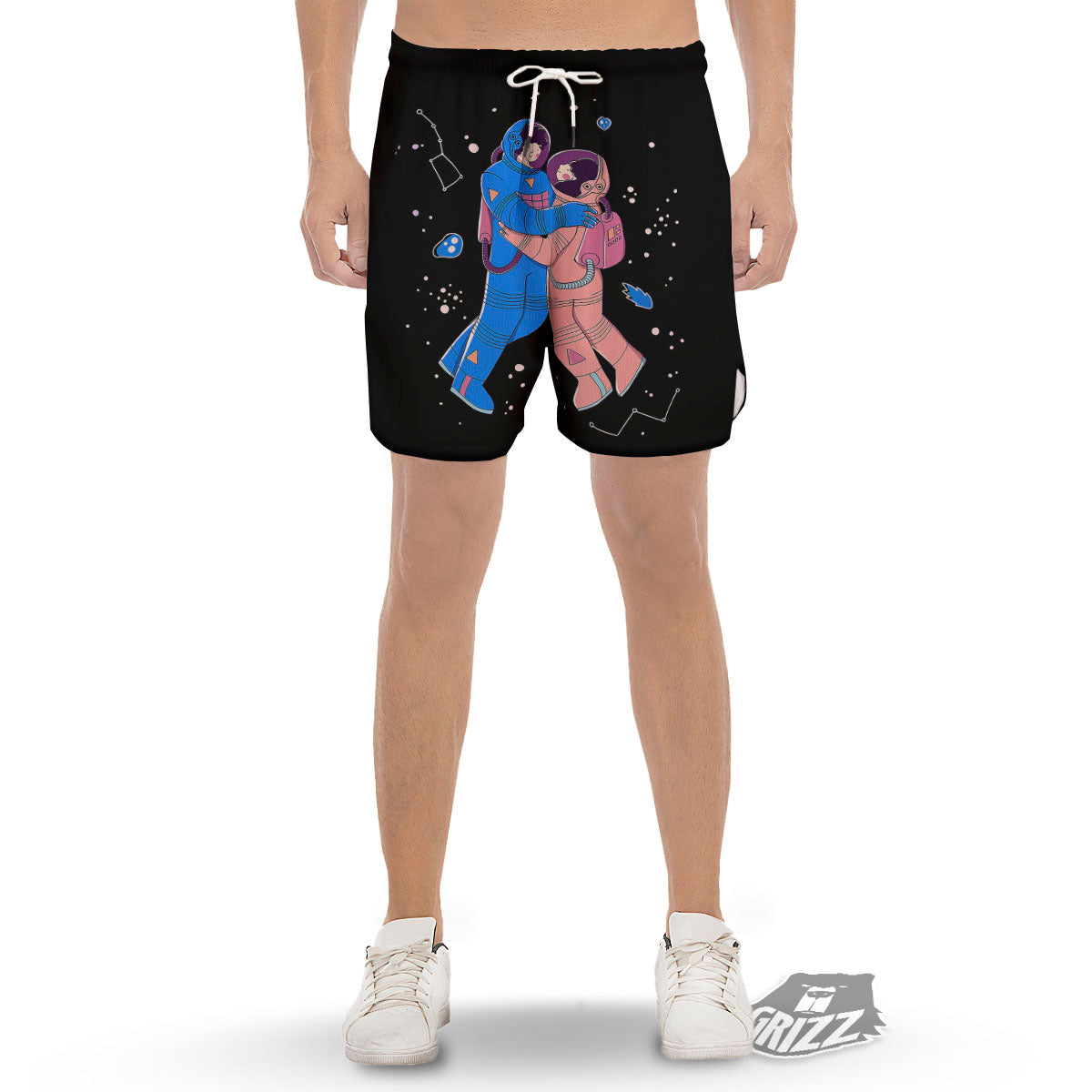 Couple Astronaut Travel In Space Print Men's Gym Shorts-grizzshop