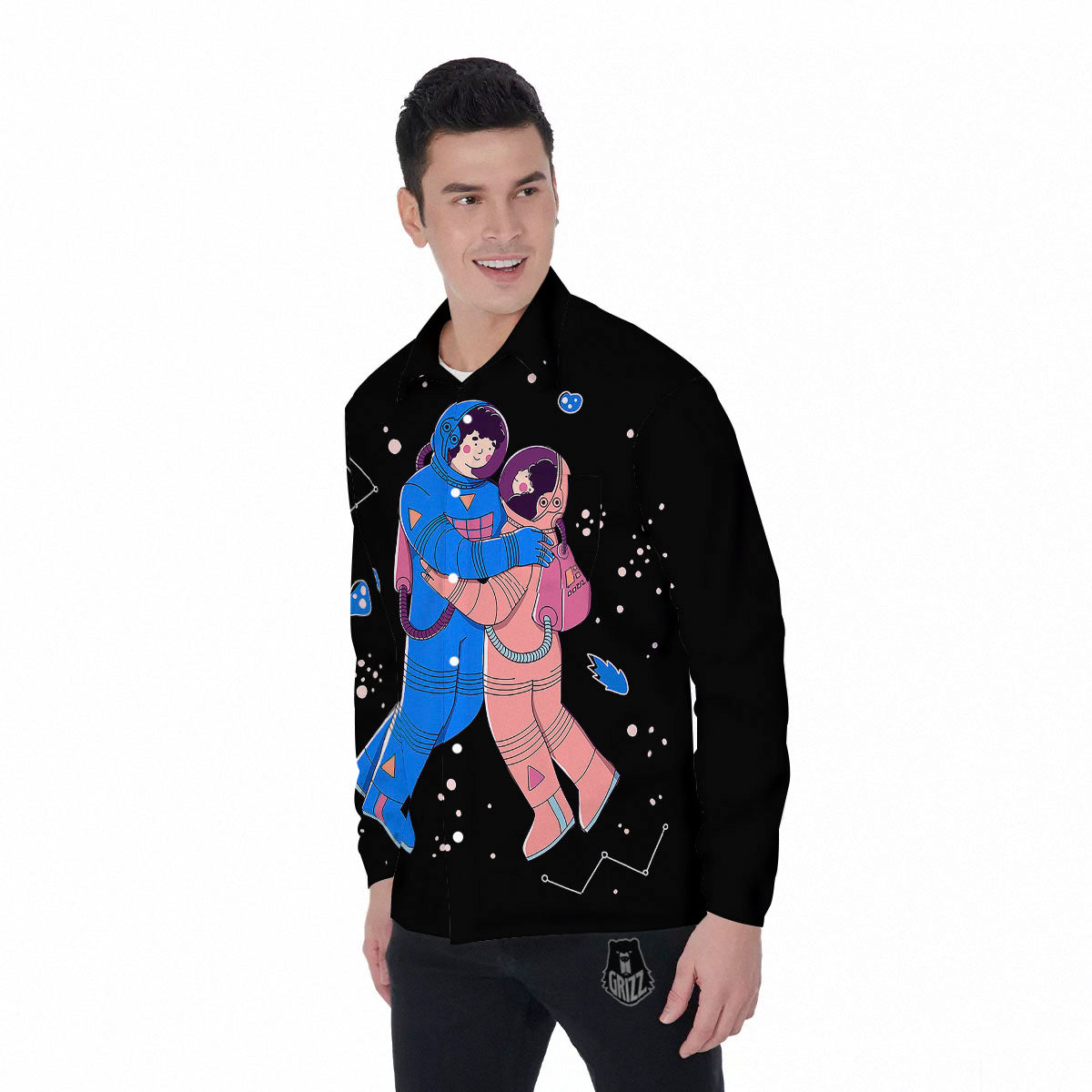 Couple Astronaut Travel In Space Print Men's Long Sleeve Shirts-grizzshop