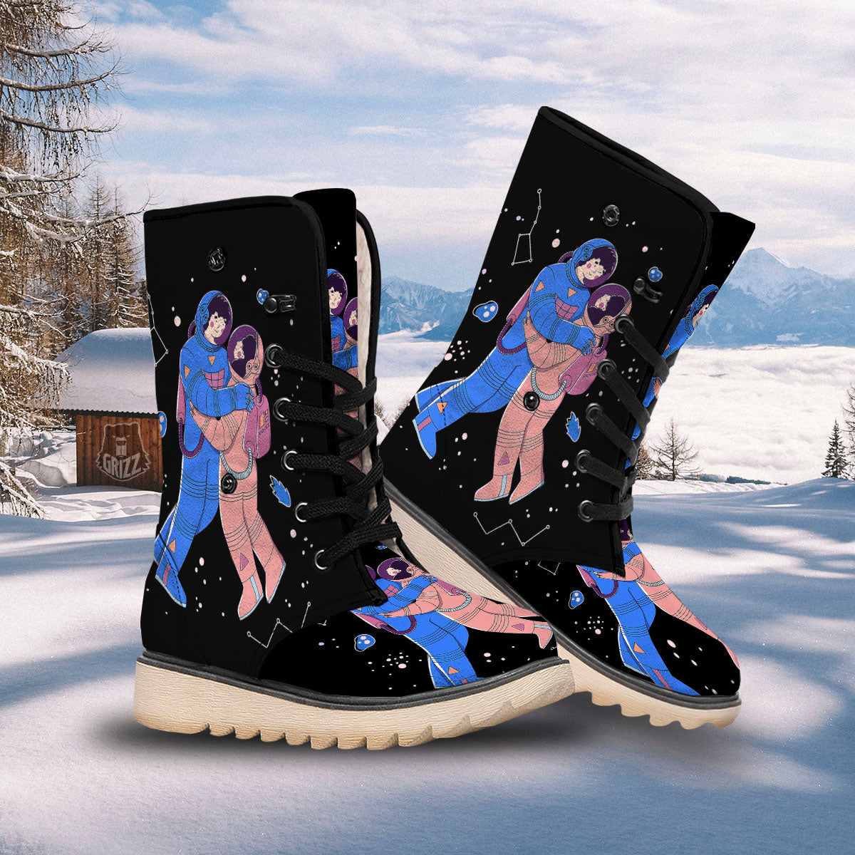 Couple Astronaut Travel In Space Print Snow Boots-grizzshop