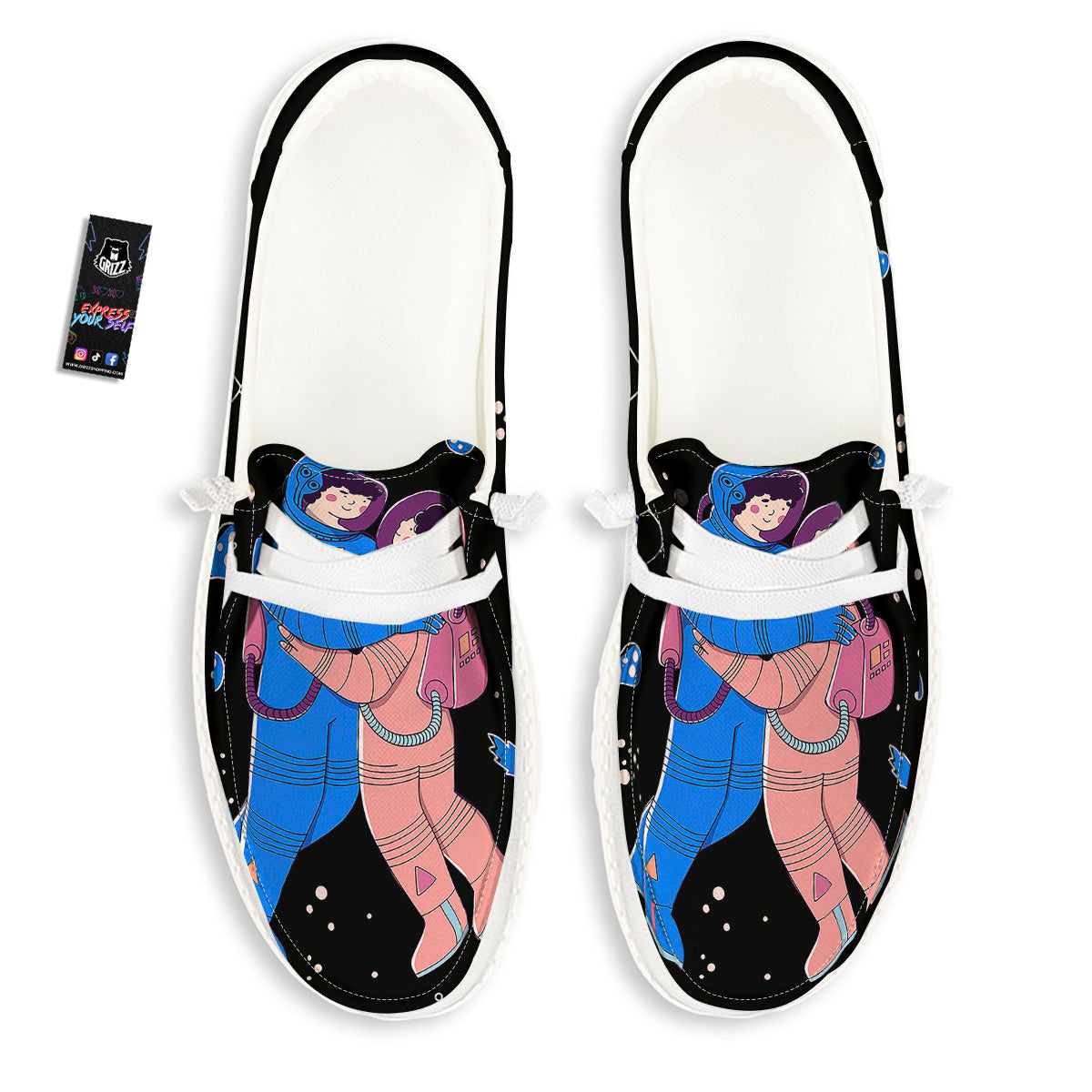 Couple Astronaut Travel In Space Print White Loafers-grizzshop