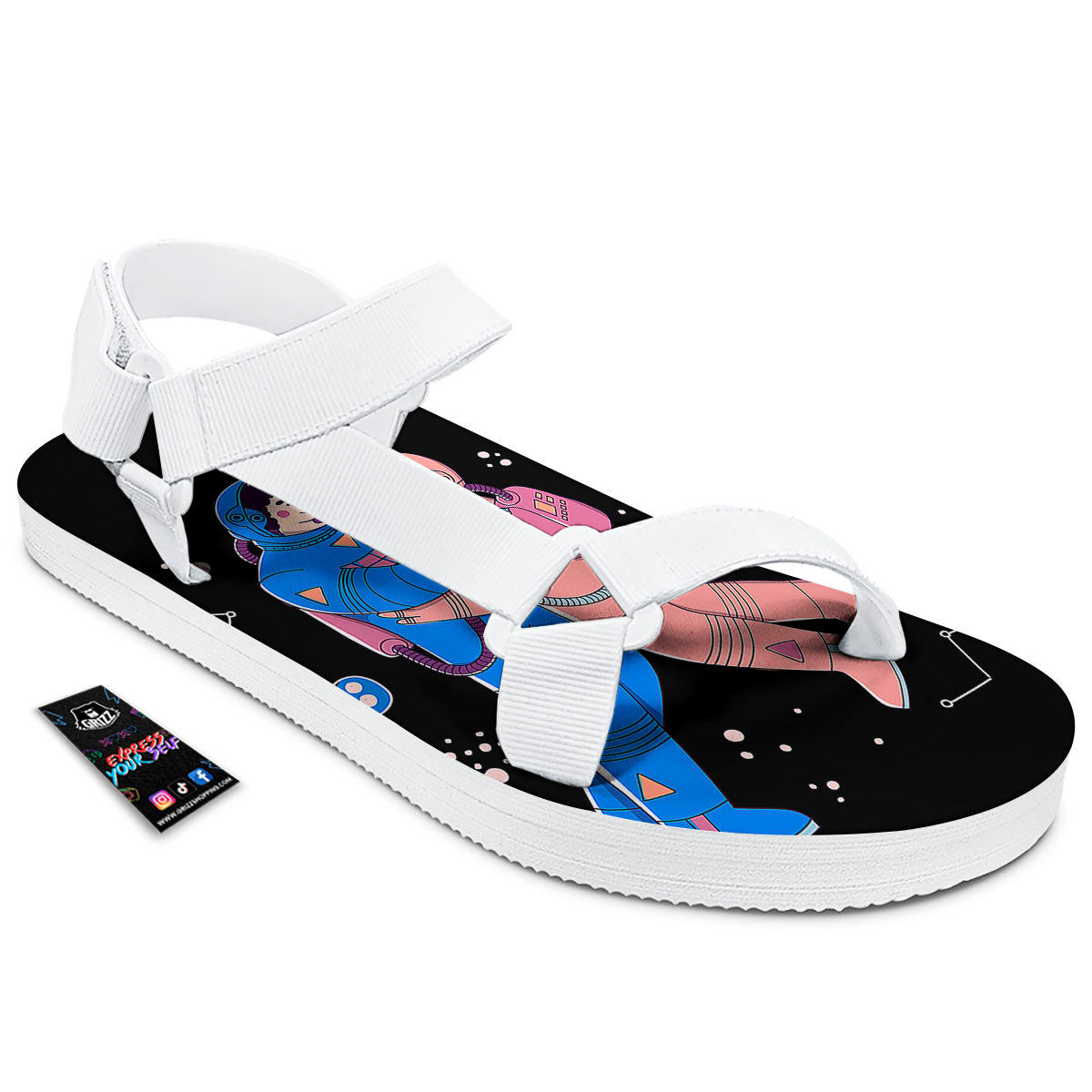 Couple Astronaut Travel In Space Print White Open Toe Sandals-grizzshop