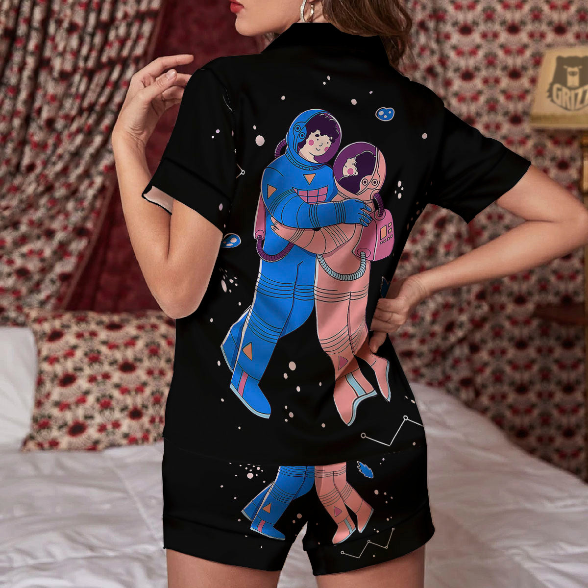 Couple Astronaut Travel In Space Print Women Silk Pajamas-grizzshop