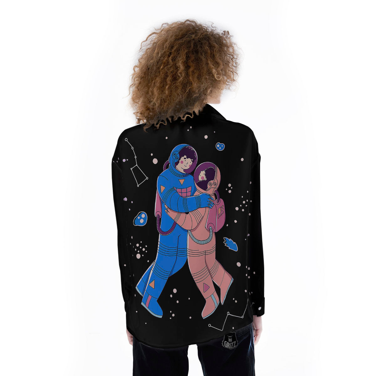 Couple Astronaut Travel In Space Print Women's Long Sleeve Shirts-grizzshop