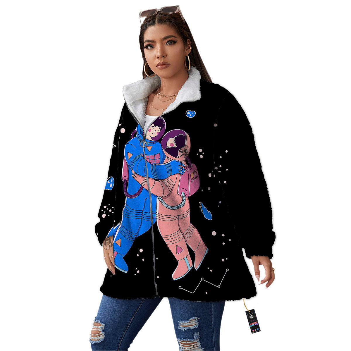 Couple Astronaut Travel In Space Print Women's Sherpa Jacket-grizzshop