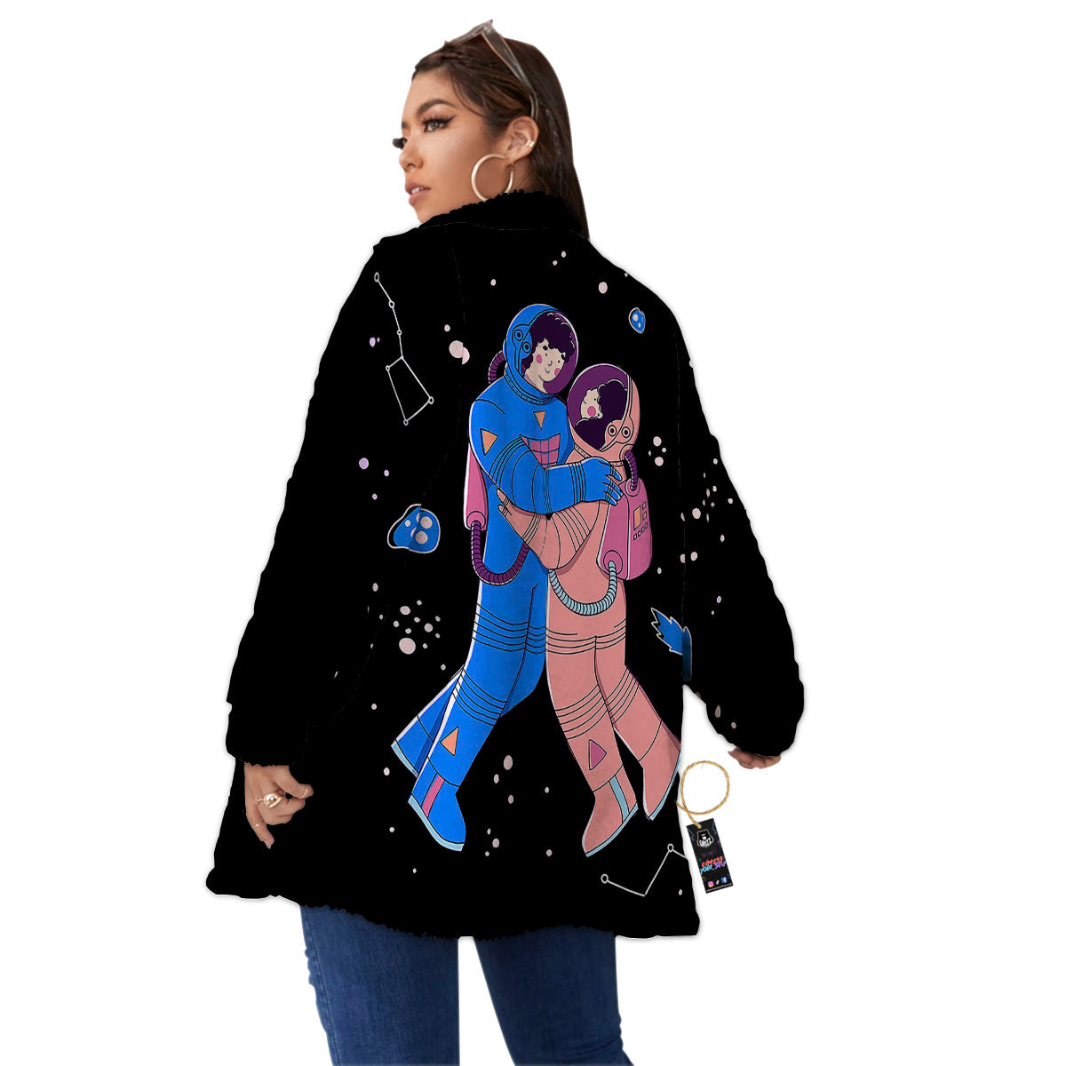 Couple Astronaut Travel In Space Print Women's Sherpa Jacket-grizzshop
