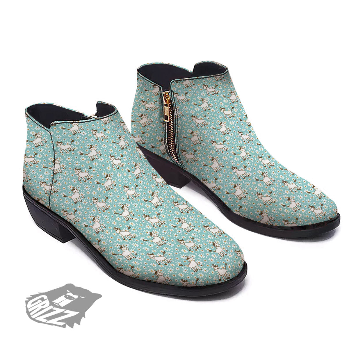 Cow And Cartoon Daisy Print Pattern Ankle Boots-grizzshop